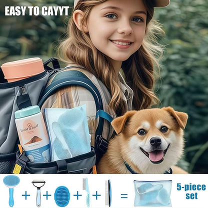 5-in-1 Grooming Kit - Supplies for Short and Long Hair Dogs, Bath Brush, Dematting Rake and Comb (Set of 5, Blue)