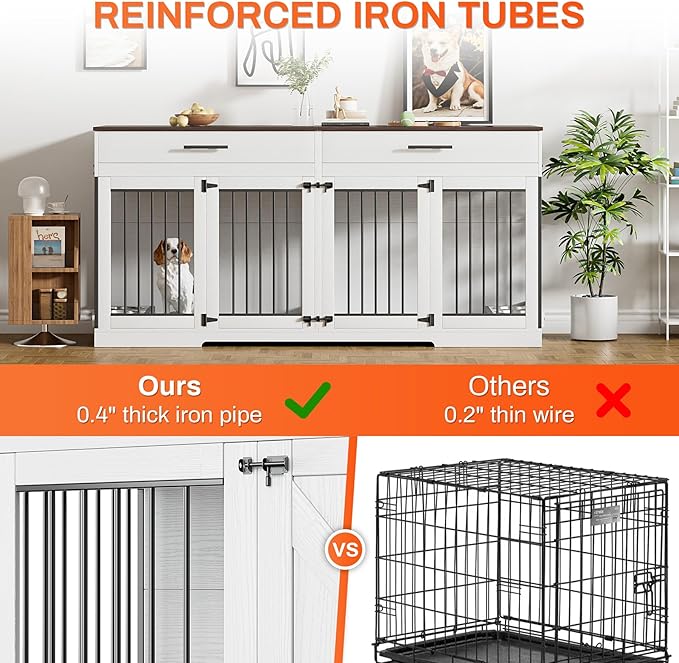 Rophefx 72" Dog Crate Furniture for 2 Dogs, Large Dog Kennel Furniture with 2 Storage Drawer and Removable Divider, Wooden Dog Cage with 4 Bowls, Indoor Dog House TV Stand for Medium Dog, White