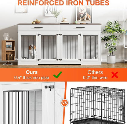 Rophefx 72" Dog Crate Furniture for 2 Dogs, Large Dog Kennel Furniture with 2 Storage Drawer and Removable Divider, Wooden Dog Cage with 4 Bowls, Indoor Dog House TV Stand for Medium Dog, White