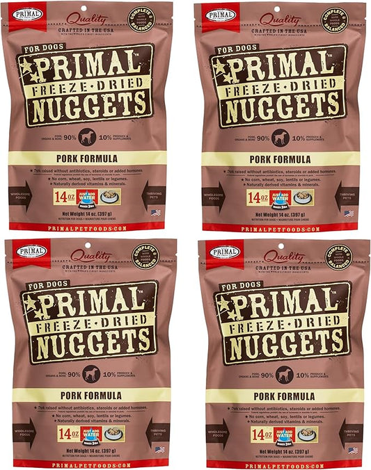 Primal Freeze Dried Raw Dog Food Nuggets, Pork, Complete & Balanced Meal, Also Use as Topper or Treat, Premium, Healthy, Grain Free, High Protein Raw Dog Food, 14 oz (Pack of 4)