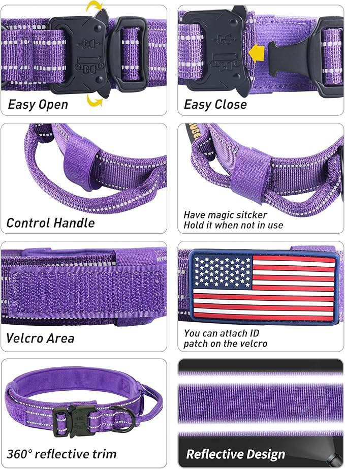 AUBELL Reflective Dog Collar, Tactical Dog Collar for Large Dogs, Heavy Duty Dog Collars with Control Handle and Metal Buckle for Medium Dogs, with Airtag Case and 2 Patches (Purple, L)