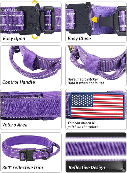 AUBELL Reflective Dog Collar, Tactical Dog Collar for Large Dogs, Heavy Duty Dog Collars with Control Handle and Metal Buckle for Medium Dogs, with Airtag Case and 2 Patches (Purple, L)