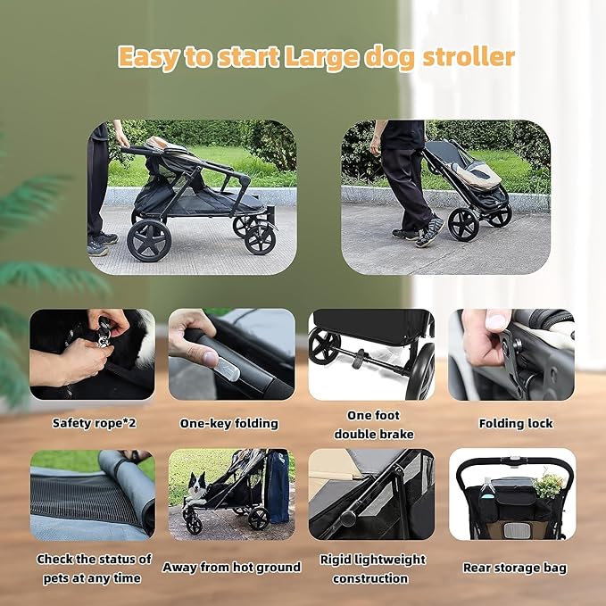 Dog Stroller for Medium/Large Dogs One-Click Folding Totoro ball 4 Wheel Pet Stroller Foldable Dog Stroller for 2 Dogs Jogger Stroller with Storage Pocket Suitable for Pets Up to 110LBS (Beige&Grey)