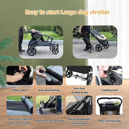 Dog Stroller for Medium/Large Dogs One-Click Folding Totoro ball 4 Wheel Pet Stroller Foldable Dog Stroller for 2 Dogs Jogger Stroller with Storage Pocket Suitable for Pets Up to 110LBS (Beige&Grey)