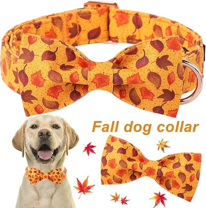 ARING PET Fall Dog Collar-Cotton Maple Leaves Dog Collar with Bow, Adjustable Autumn Bowtie Dog Collars Pet Necklace with Metal Buckle for Girl&Boy Dogs