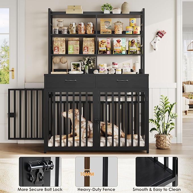 Keyluv 71''H x 47.2''W Large Dog Crate Furniture with 4-Tier Shelves and 2 Storage Drawers, Heavy Duty Dog Cage Furniture with 2 Doors, Wood & Metal Dog Kennel Indoor for Small/Medium/Large Dog, Black