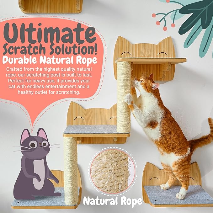 IDAE Cat Wall Shelves – 9-Piece Wooden Wall-Mounted Cat Furniture Set with Condo, Scratcher & Steps – for Large Indoor Cats – Natural Wood