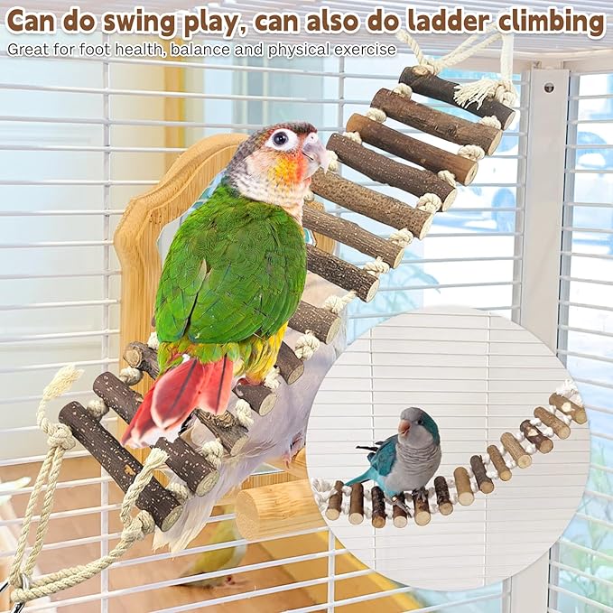 PINVNBY Bird Parakeet Toys, Bird Rope Ladder Swing Hammock Toys, Made of Natural Wood and Rope, Parakeet Cage Accessories for Parrot Budgie Conure Cockatiel (2 PCS)