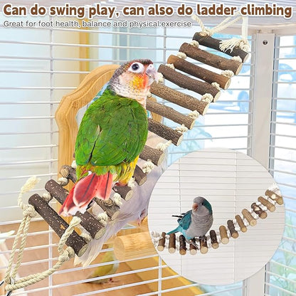 PINVNBY Bird Parakeet Toys, Bird Rope Ladder Swing Hammock Toys, Made of Natural Wood and Rope, Parakeet Cage Accessories for Parrot Budgie Conure Cockatiel (2 PCS)