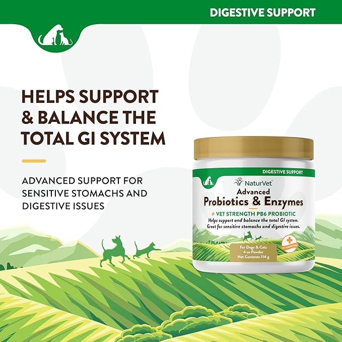 NaturVet  Advanced Probiotics & Enzymes - Plus Vet Strength PB6 Probiotic | Supports and Balances Pets with Sensitive Stomachs & Digestive Issues | for Dogs & Cats (4 oz)