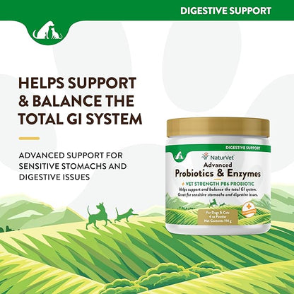 NaturVet  Advanced Probiotics & Enzymes - Plus Vet Strength PB6 Probiotic | Supports and Balances Pets with Sensitive Stomachs & Digestive Issues | for Dogs & Cats (4 oz)