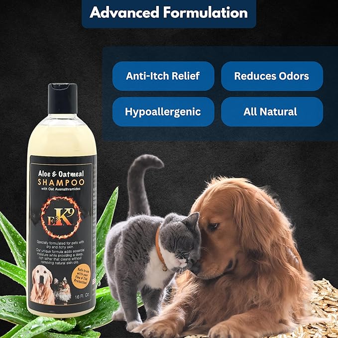 E3 Oatmeal Shampoo for Dogs and Cats - Hypollergenic - Aloe & Oatmeal Itchy Skin Relief - Dog Shampoo for Allergies & Itching - Oatmeal & Aloe, Soothes Sensitive Skin - Shampoo de Avena para Perros