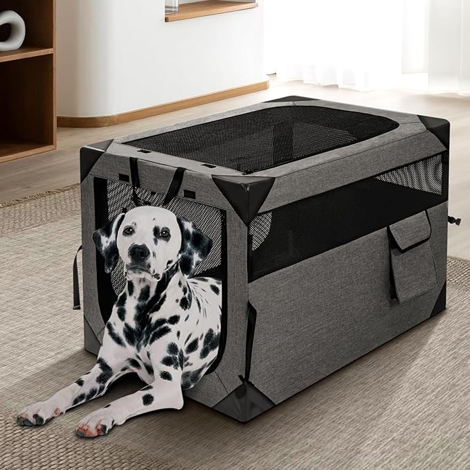 36 Inch Portable Travel Dog Crate, 3 Door Collapsible Soft Pet Kennel with Durable Mesh Windows for Medium Dogs, Foldable Dog Cage with Storage Pocket for Outdoor (Dark Grey)