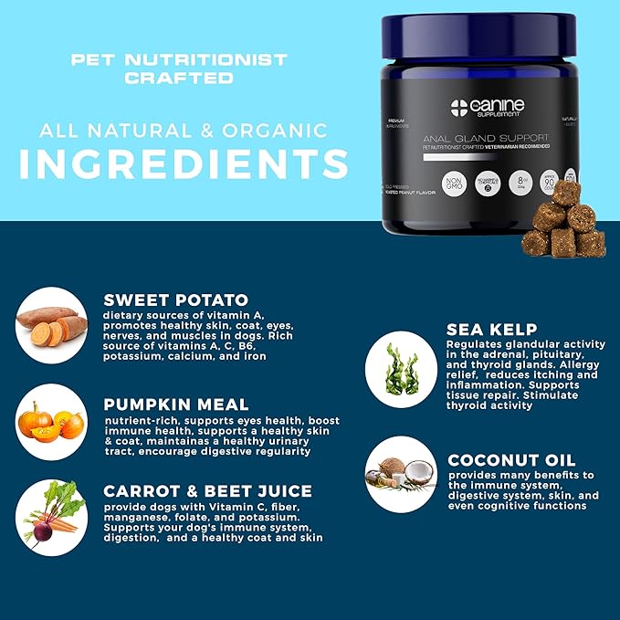 Anal Gland Support for Dogs | High-Fiber Digestive Soft Chews with Pumpkin & Flaxseed | No Scoot Aid for Itchy Bums, Healthy Poop & Gut Function | Peanut Flavor, 90 Count