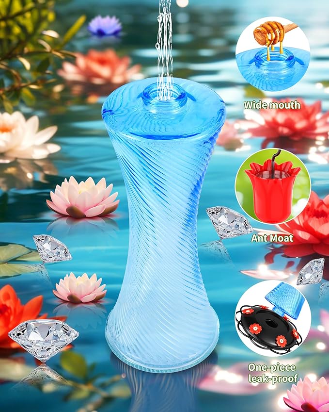 Hanging 20oz Glass Hummingbird Feeder with Moat, Small Outdoor Plastic Bird Feeder, Squirrel Proof, Ants, Outside Water Dispenser for Garden (Blue Glass Bird Feeder-2)