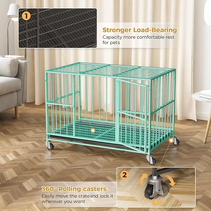 Green 48 in Heavy Duty Dog Crate Steel Escape Proof, Indoor Double Door High Anxiety Cage, Removable Tray, Kennel with Wheels,XL XXL