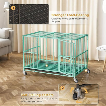 Green 48 in Heavy Duty Dog Crate Steel Escape Proof, Indoor Double Door High Anxiety Cage, Removable Tray, Kennel with Wheels,XL XXL