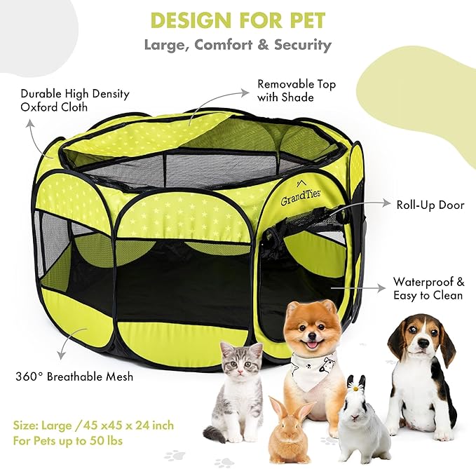 GrandTies Waterproof Dog & Cat Playpen  Foldable Pet Tent for Indoor & Outdoor, Pop-Up Kennel for Puppies, Kittens & Rabbits  Portable Travel Crate with Carrying Case (Spring Sprout, Large)