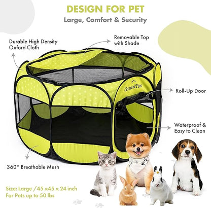 GrandTies Waterproof Dog & Cat Playpen  Foldable Pet Tent for Indoor & Outdoor, Pop-Up Kennel for Puppies, Kittens & Rabbits  Portable Travel Crate with Carrying Case (Spring Sprout, Large)