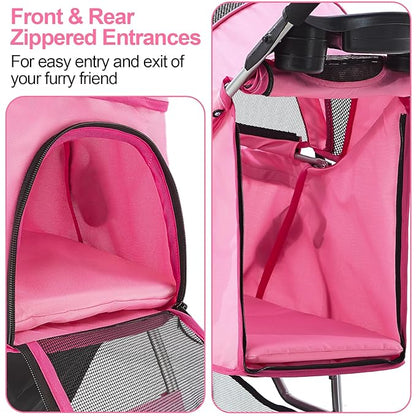 Dog Stroller for Small Dogs, Portable Pet Stroller for Cats Folding Puppy Stroller Lightweight Dog Cat Cage Jogger Stroller with Storage Basket and Cup Holder, 3 Wheels, Pink
