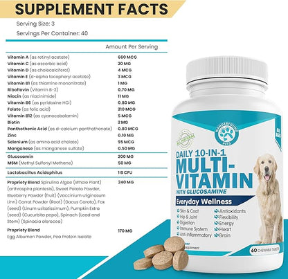 Wanderfound Pets 10-in-1 Dog Multivitamin, Chewable Dog Vitamins with Glucosamine, D3, and MSM, Dog Health Supplies for Immune System and Joint Health, Liver Flavor, 60 Tablets