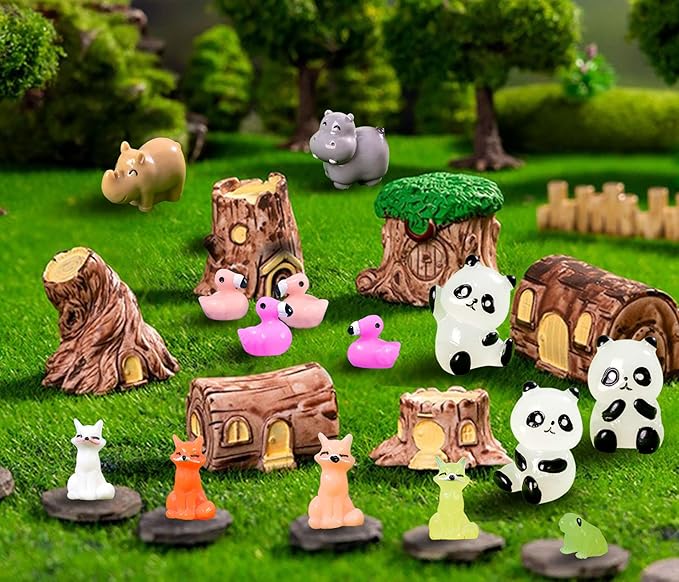 37 Pcs Mini Resin Animal Figurines Fairy Garden Accessories Micro Landscape Decor with Tiger Elephant Owl Giraffe Panda Flamingo Fox Monkey Hippo