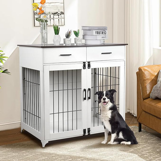 Snowtaros Dog Crate Furniture, 36.6 Inch Large Dog Crate with Drawers, Wooden Dog Kennel Indoor for Small Medium Large Dogs, Heavy Duty Dog Crate End Table with Double Doors