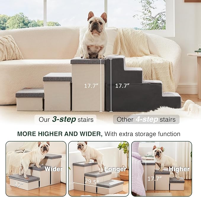 Love's cabin Dog Stairs for High Bed 18"H,Foldable Pet Stairs for Small Medium or Large Dogs Puppy with Storage for Bed or Couch, Cat Dog Steps Ramp with Zip up to 210 lbs(Light Grey,3 Steps no Condo)