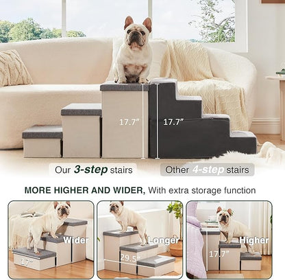 Love's cabin Dog Stairs for High Bed 18"H,Foldable Pet Stairs for Small Medium or Large Dogs Puppy with Storage for Bed or Couch, Cat Dog Steps Ramp with Zip up to 210 lbs(Light Grey,3 Steps no Condo)