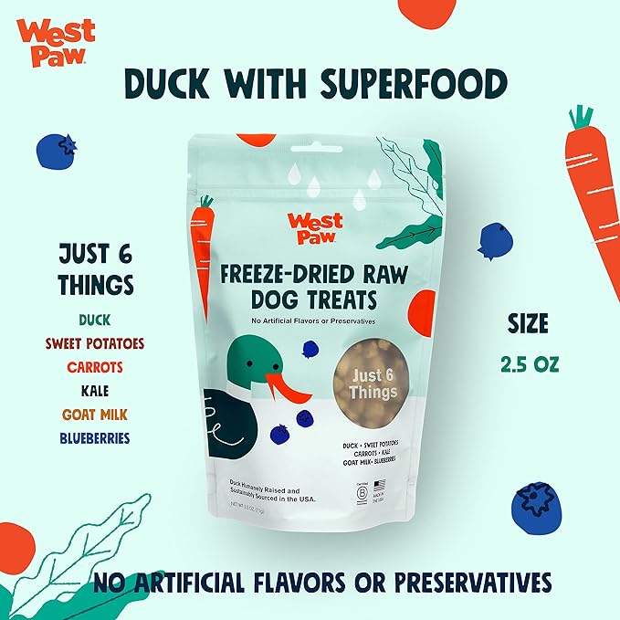 WEST PAW All-Natural Raw Freeze-Dried Dog Treats  Farm-Fresh Duck Training Treats for Dogs with Fiber, Beta Carotene, Vitamins A, E, C  Wholesome Canine Treat for Puppies, Senior Dogs  2.5 Oz.