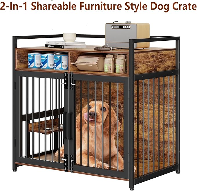 41 Inch Large Dog Crate Furniture for Large Dogs, Heavy Duty Kennel with 2 Drawers Storage, 360° Adjustable Raised Feeder, Wooden Dog Cage Indoor House End Table for Dogs