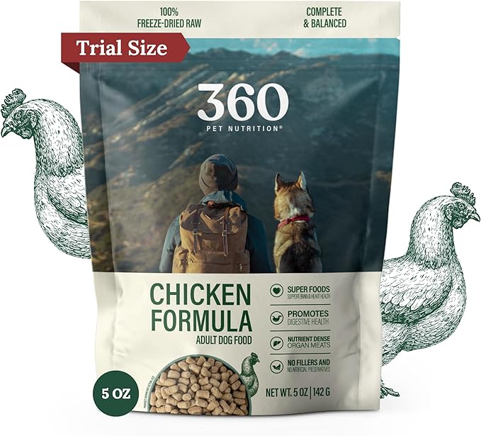 360 Pet Nutrition Raw Freeze-Dried Dog Food, High Protein, Balanced Meal, Chicken, Liver, Heart, Fruit, Veggies, Superfoods, No Fillers, 5 oz Food/Bites/Kibble (Chicken) Trial Size