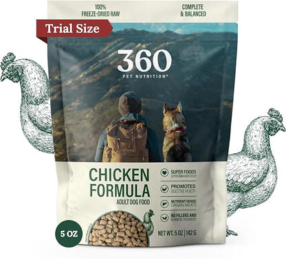 360 Pet Nutrition Raw Freeze-Dried Dog Food, High Protein, Balanced Meal, Chicken, Liver, Heart, Fruit, Veggies, Superfoods, No Fillers, 5 oz Food/Bites/Kibble (Chicken) Trial Size