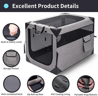 36 Inch Portable Travel Dog Crate, 3 Door Collapsible Soft Pet Kennel with Durable Mesh Windows for Medium Dogs, Foldable Dog Cage with Storage Pocket for Outdoor (Light Grey)