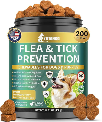 YOTANGO Flea and Tick Prevention for Dogs Chewable, 200 Soft Treats Natural Dog Flea and Tick Treatment Chewable, Oral Flea Supplement Chews, Skin & Coat Support for Dogs Puppies - All Breeds & Ages
