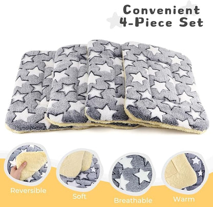 4-Pack Rabbit Bed, Washable Bunny Mat, Fleece Guinea Pig Bedding, Soft Flannel Small Animal Cage Liner, Blanket for Hamster Ferret - 19"x13"