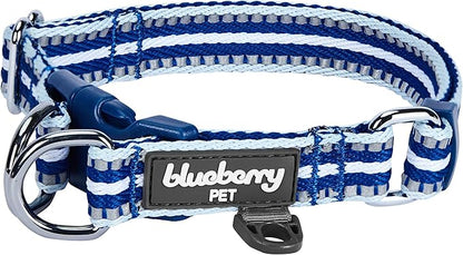 Blueberry Pet 3M Reflective Dog Collars | Adjustable Dog Collar w/Multi-Colored Stripe - Blue and White | Nylon Pet Collars for Dogs & Refflective Dog Collar for Small Dogs