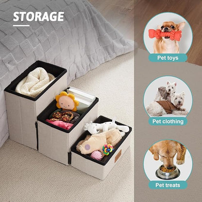 Dog Stair for Small Dogs with Storage, 13.6" H Foldable Pet Step with Soft Leakproof Cover, Older Cat Ramp for Chair Couch Sofa, Lightweight, Comfort, 24.8x13x13.6 inch, 3 Tiers, Leopard