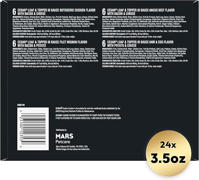 Cesar Wet Dog Food Loaf in Sauce Rotisserie Chicken, Filet Mignon, Angus Beef, and Ham & Egg Flavors Variety Pack, 3.5 oz. Easy Peel Trays (24 Count, Pack of 1)