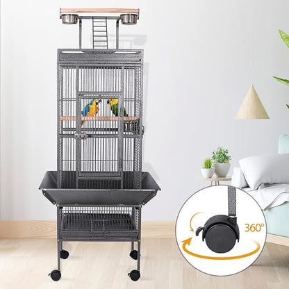 HSM 62 Inch Wrought Iron Large Bird Flight Cage with Rolling Stand for African Grey Parrot Cockatiel Sun Parakeet Conure Lovebird Canary