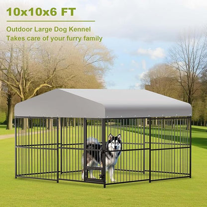 10x10x6FT Large Dog Kennel Outside Dog Playpen Outdoor Dog Enclosures with UV-Resistant Waterproof Roof Covered Dog House Outdoor,Lock,for Medium and Large Dogs,Easy Assembly