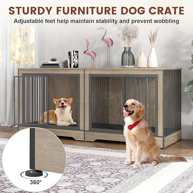 75 Inch Double Dog Crate Furniture, 3 in 1 Dog Cage for Large Dogs, Durable Grey TV Stand Dog Crate with Trays and Divider, Double Dog Kennel for 2 Dogs
