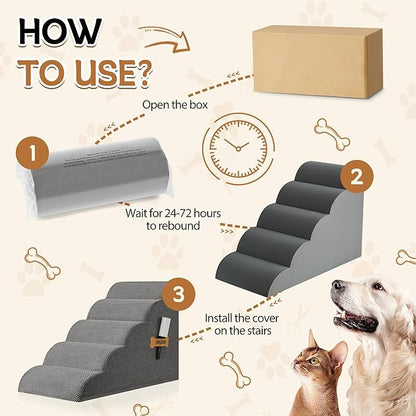 Romrol Dog Stairs Ramp for Small Dogs, Pet Stairs Steps with Durable Non-Slip Waterproof Fabric Cover, Dog Slope Stairs to Bed for Small Dogs and Cats or Pets Joints, 5-Steps, Grey
