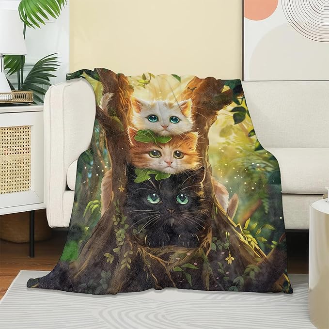 Cute Kitten Trio Blanket, Soft Warm Cozy Adorable Cats Throw Blanket Gifts for Adults Kids Women, Lightweight Fuzzy Comfy Flannel Blankets for Couch, Travel, Bed, House Decor 50×40 Inch