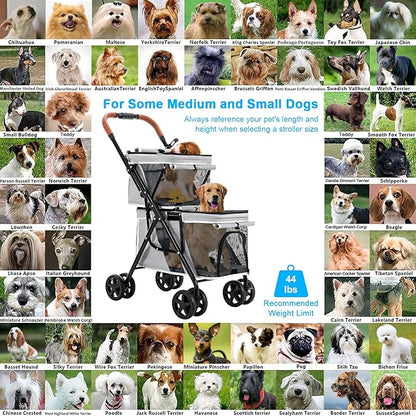 Double Pet Stroller for Dogs and Cats, One-Hand Folding Dog Stroller Travel Carriage for Small Medium Dogs Cats, 4 Wheels, Gray