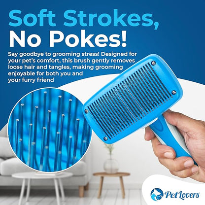 PetLovers EzSlicker Self-Cleaning Brush - Dog Brush for Shedding, Gentle Slicker Brush for Cats, Tangle-Free Grooming Comb with Soft Bristles & Ergonomic Handle for Stress-Free Grooming
