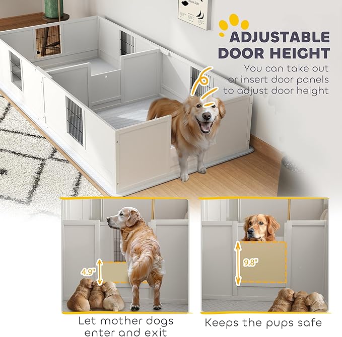 PawHut Whelping Box for Dogs and Puppies, Dog Whelping Box with Waterproof Pee Pad, Adjustable Height Door, for Large Dogs Indoor Use, 96" x 47" x 19"
