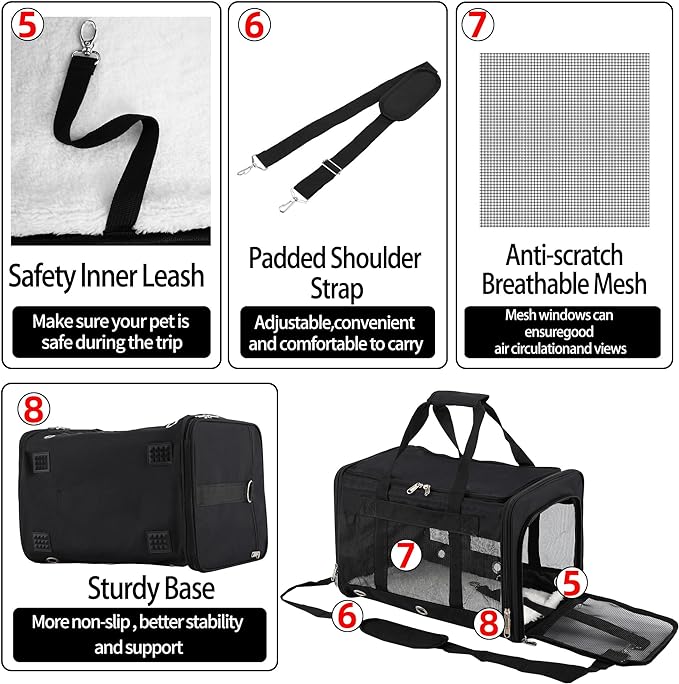 Soft Sided Cat/Dog Carrier，Collapsible Mesh Pets Travel Carriers for Pet/Puppy with Shoulder Strap & Removable Mat，Top Load Small Dogs/Cats Carry Bag Up to 25 Lbs（Black - L）