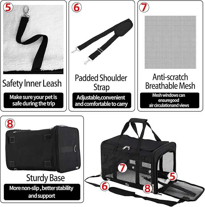 Soft Sided Cat/Dog Carrier,Collapsible Pets Travel Carriers for Pet/Puppy with Shoulder Strap & Removable Mat,Mesh Top Load Small Dogs/Cats Carry Bag Up to 17 Lbs TSA Airline Approved（Black,M）