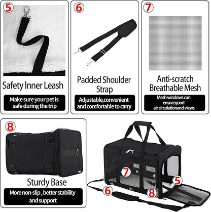 Soft Sided Cat/Dog Carrier,Collapsible Pets Travel Carriers for Pet/Puppy with Shoulder Strap & Removable Mat,Mesh Top Load Small Dogs/Cats Carry Bag Up to 17 Lbs TSA Airline Approved（Black,M）